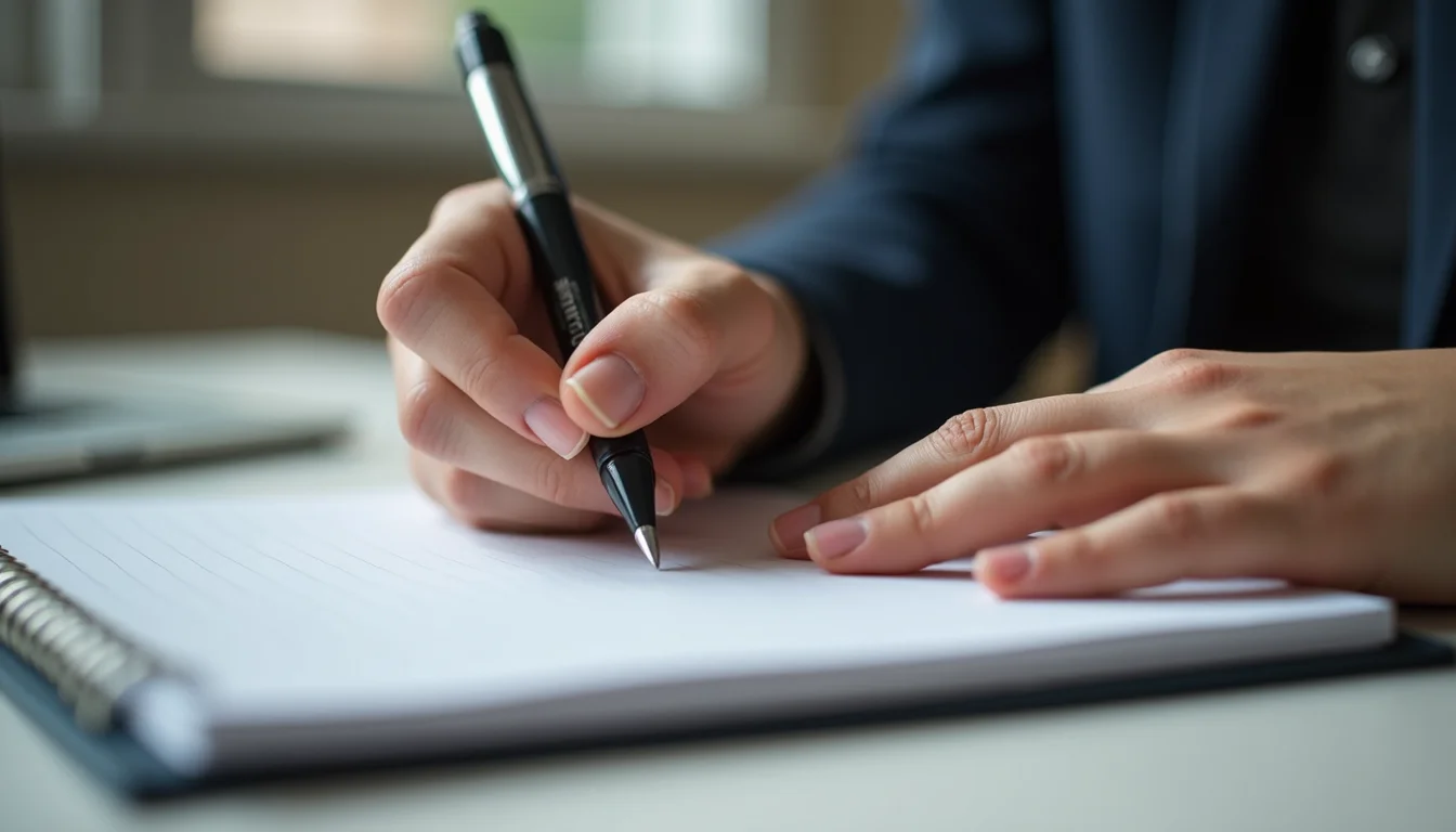 Hand writing with black pen on lined notebook on a desk. Wearing a navy blazer, blurred background, focus on pen and paper.