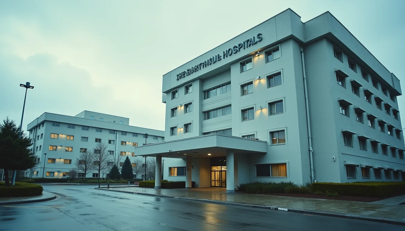 Wide angle view of a hospital building