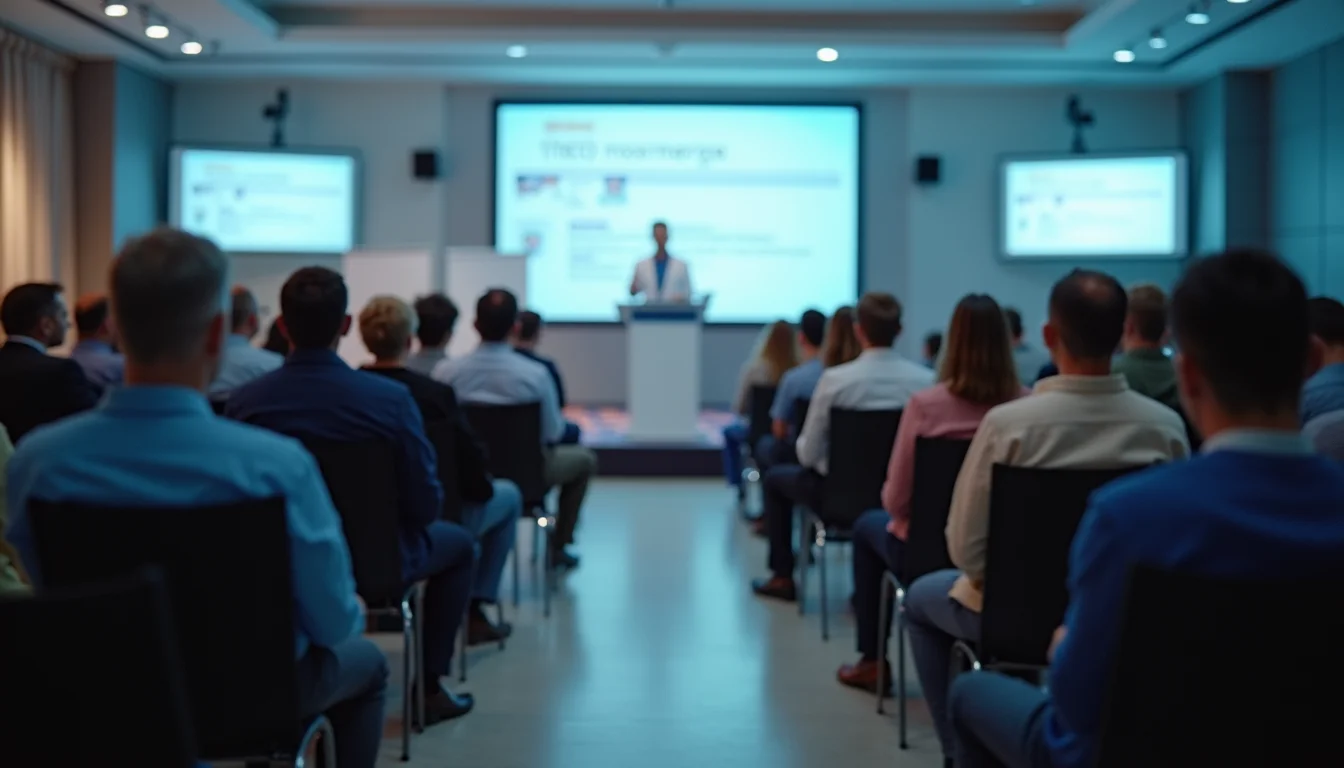 Eye-level view of a healthcare conference with attendees