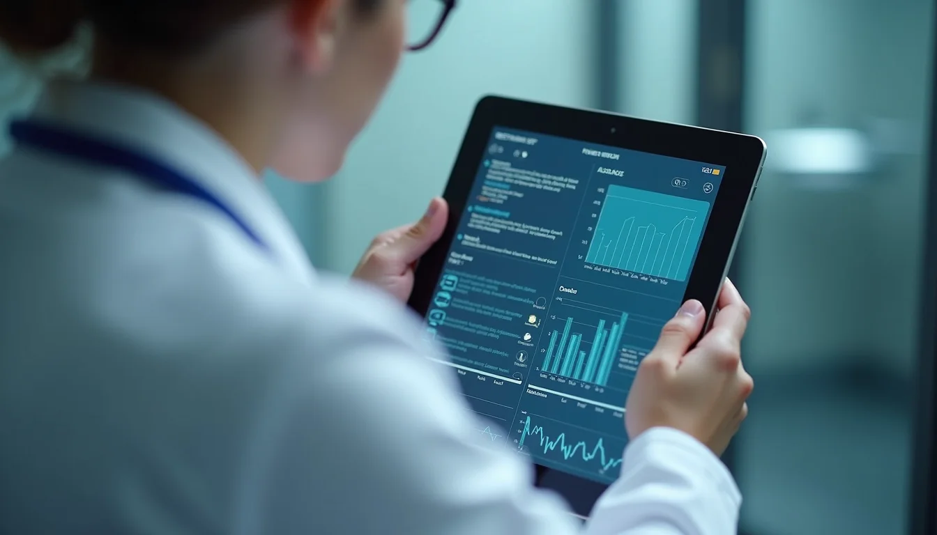 Eye-level view of a clinician reviewing patient data on a tablet