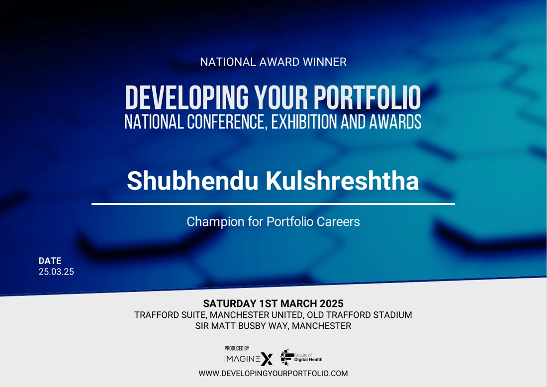 National Award Winner certificate naming Shubhendu Kulshreshtha Champion for Portfolio Careers